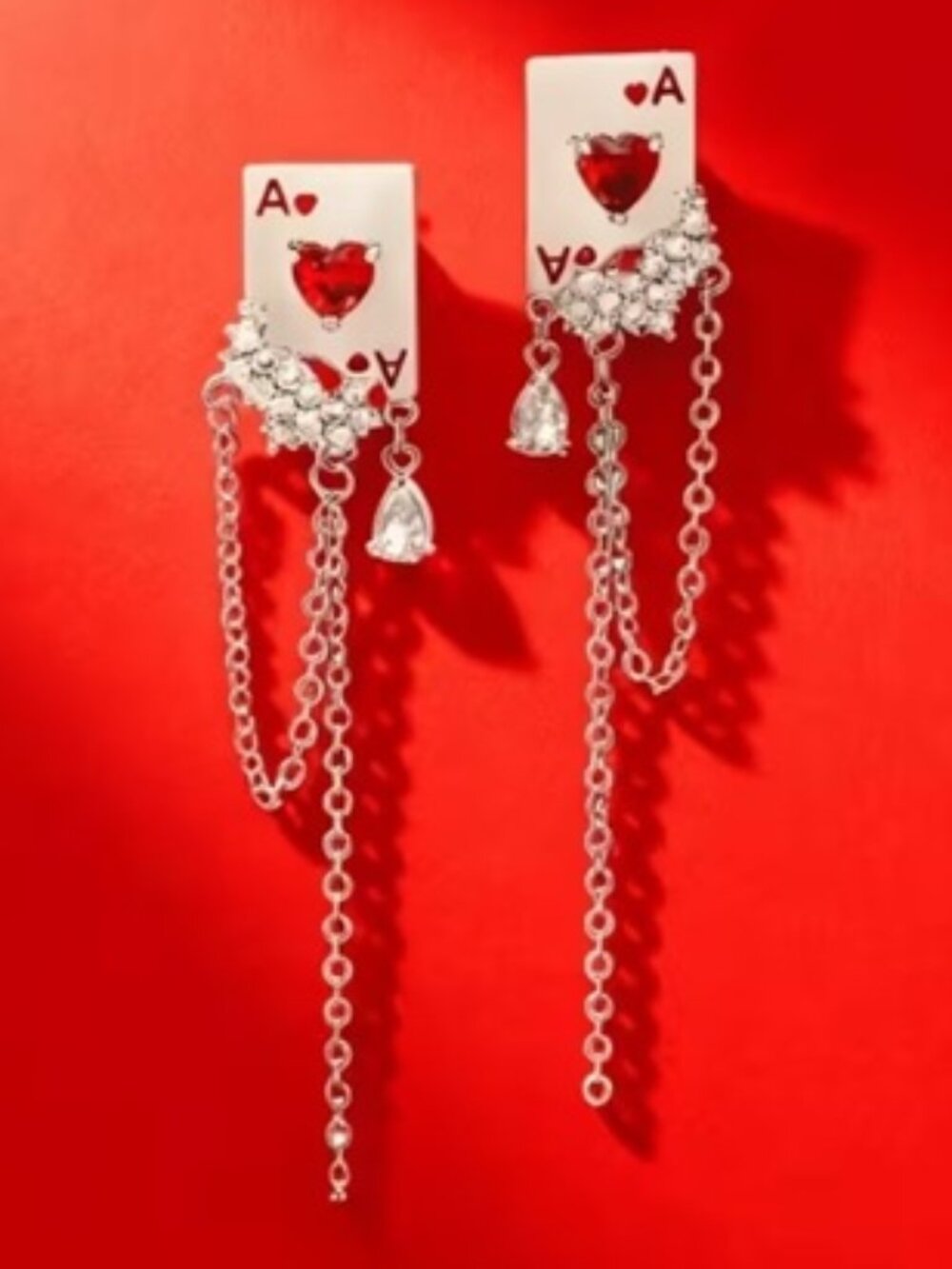 DESIGNER Romantic Silver Ace Playing Card Red Heart Shaped Crystal Earrings**NEW
